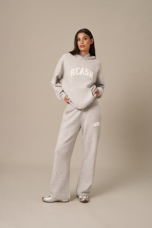 Wide Leg Boucle Branded Knitted Trousers - Grey Marl