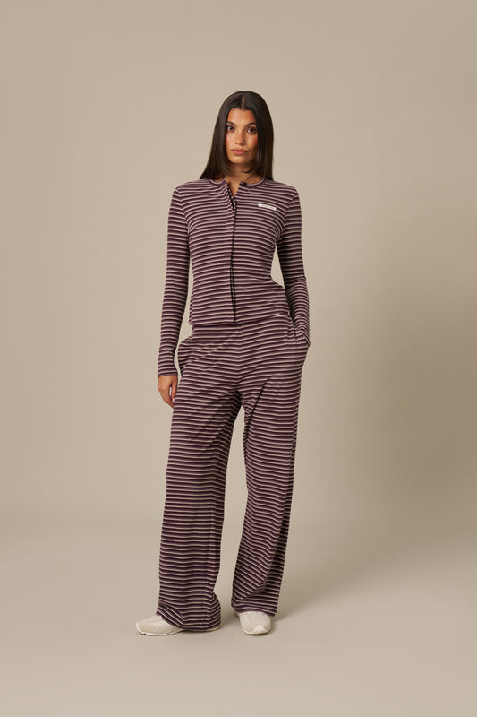 Fleece Stripe High Waist Wide Leg Trousers - Fig