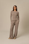 Fleece Stripe High Waist Wide Leg Trousers - Latte