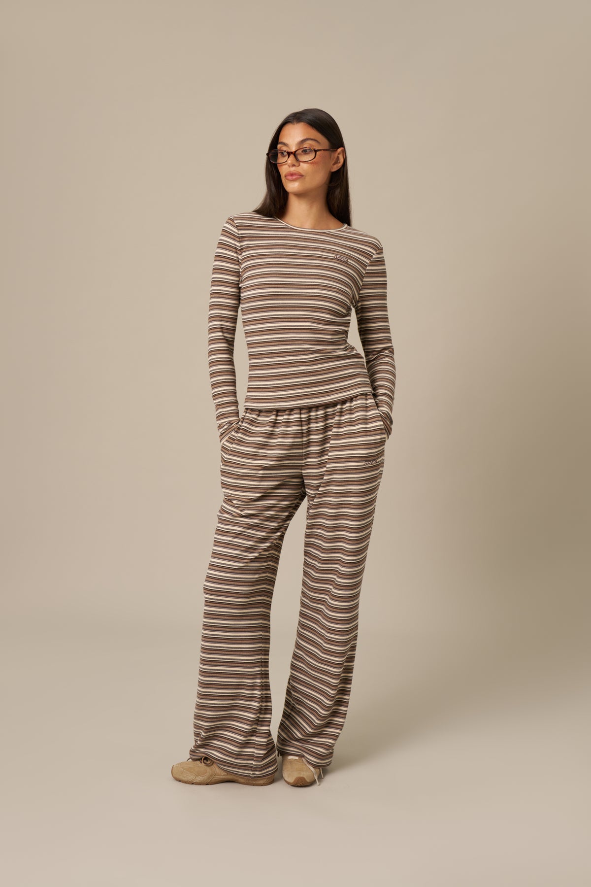 Fleece Stripe High Waist Wide Leg Trousers - Latte