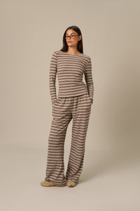 Fleece Stripe High Waist Wide Leg Trousers - Latte