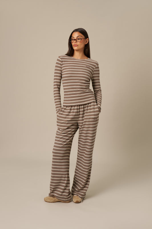 Fleece Stripe High Waist Wide Leg Trousers - Latte