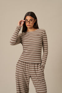 Fleece Stripe Long Sleeve T Shirt - Latte
