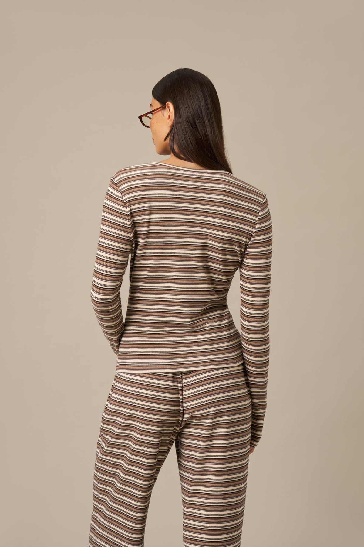 Fleece Stripe Long Sleeve T Shirt - Latte