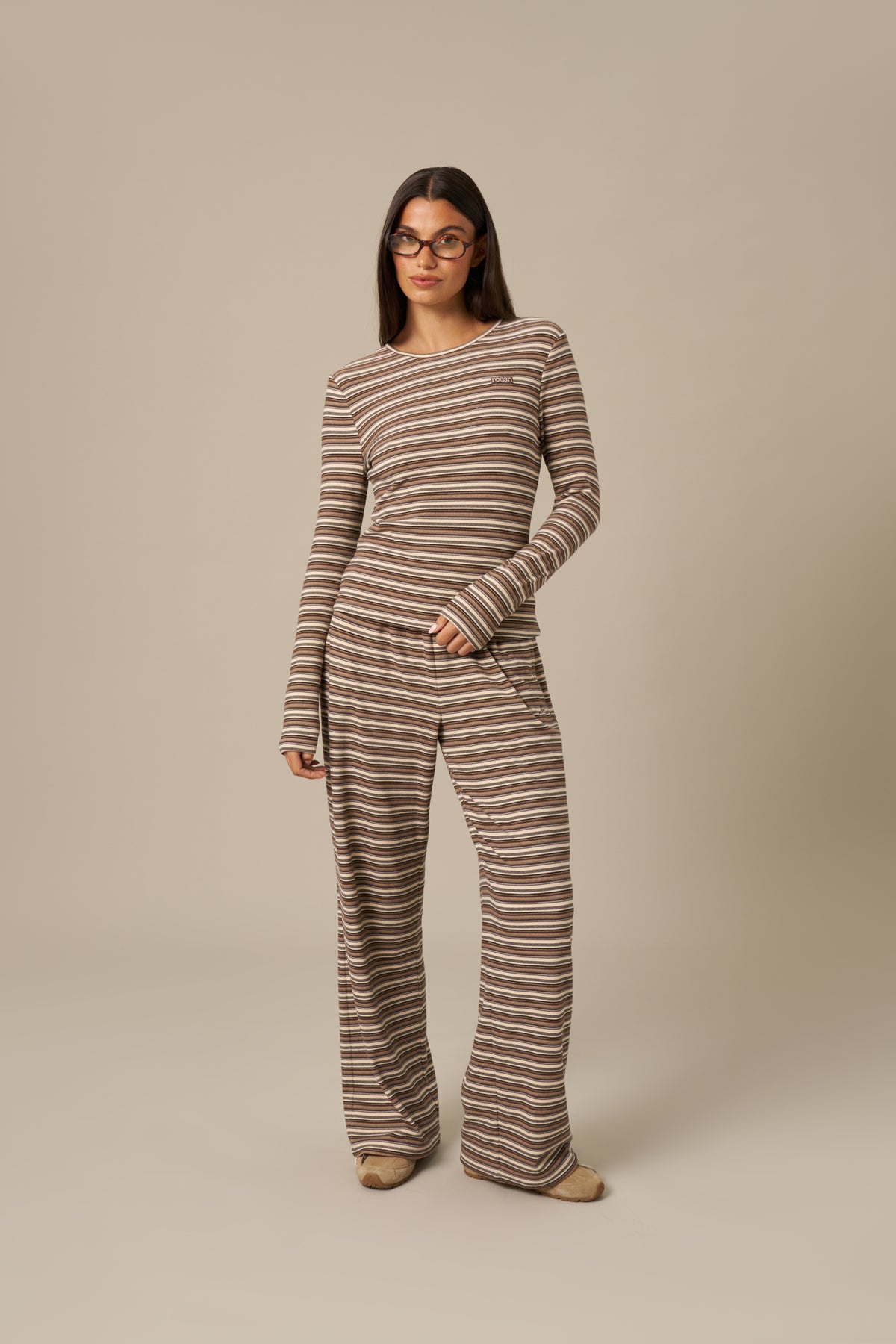 Fleece Stripe High Waist Wide Leg Trousers - Latte