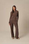 Fleece Stripe High Waist Wide Leg Trousers - Espresso