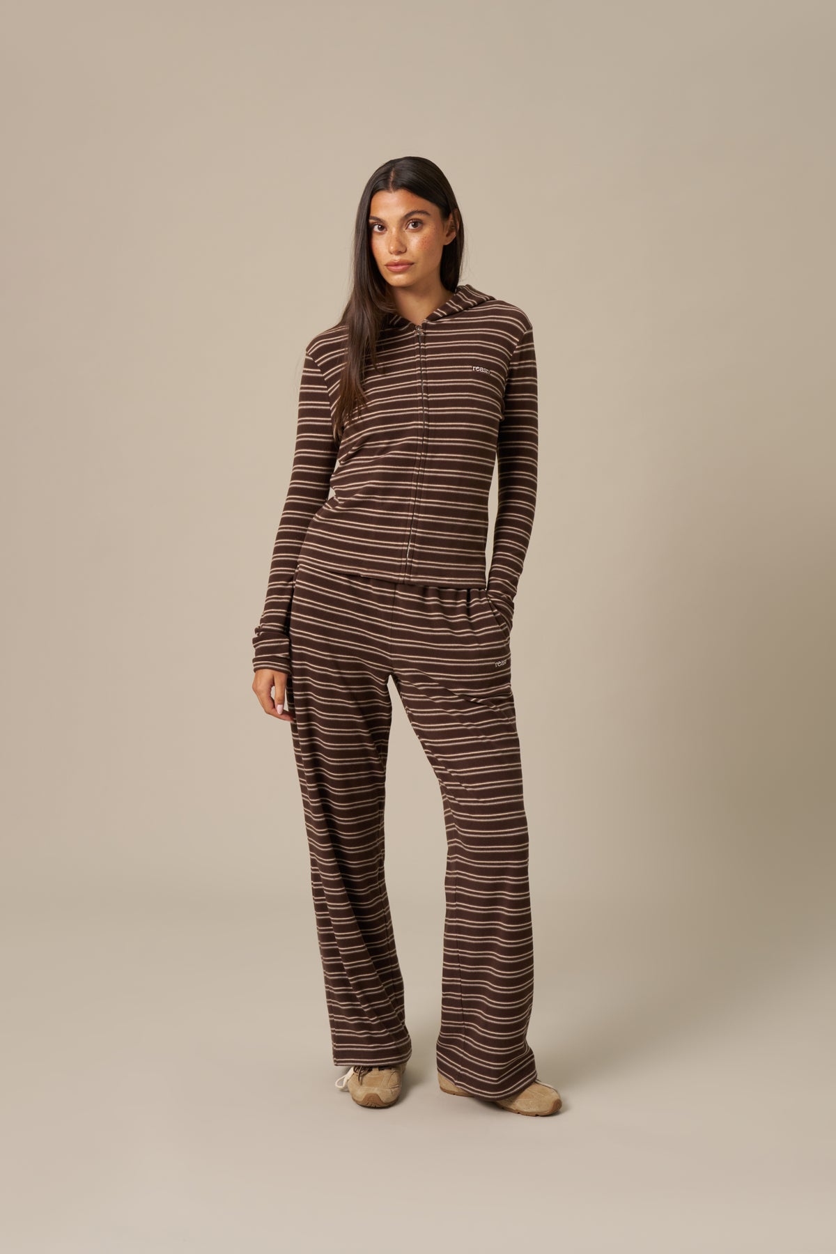 Fleece Stripe High Waist Wide Leg Trousers - Espresso