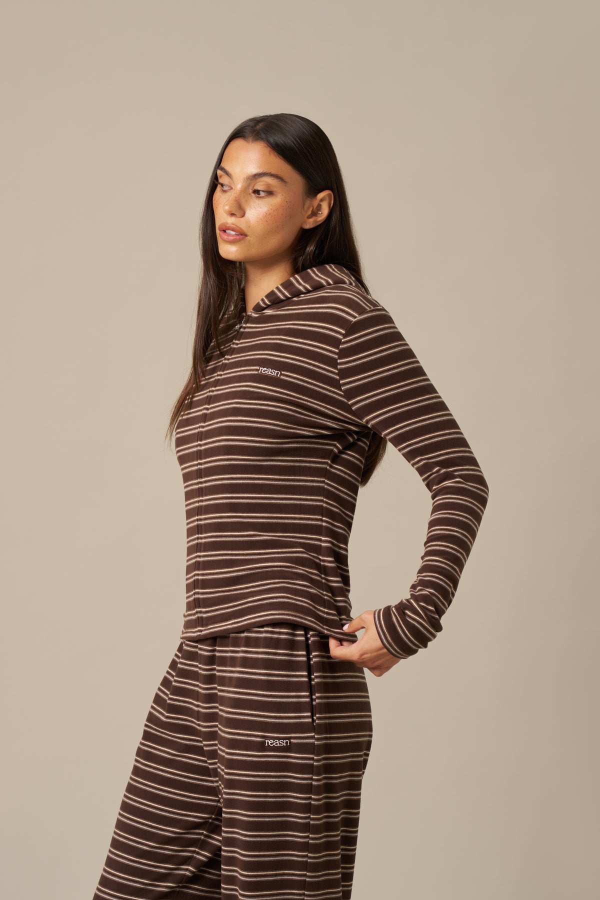 Fleece Stripe Zip Through Hoodie - Espresso