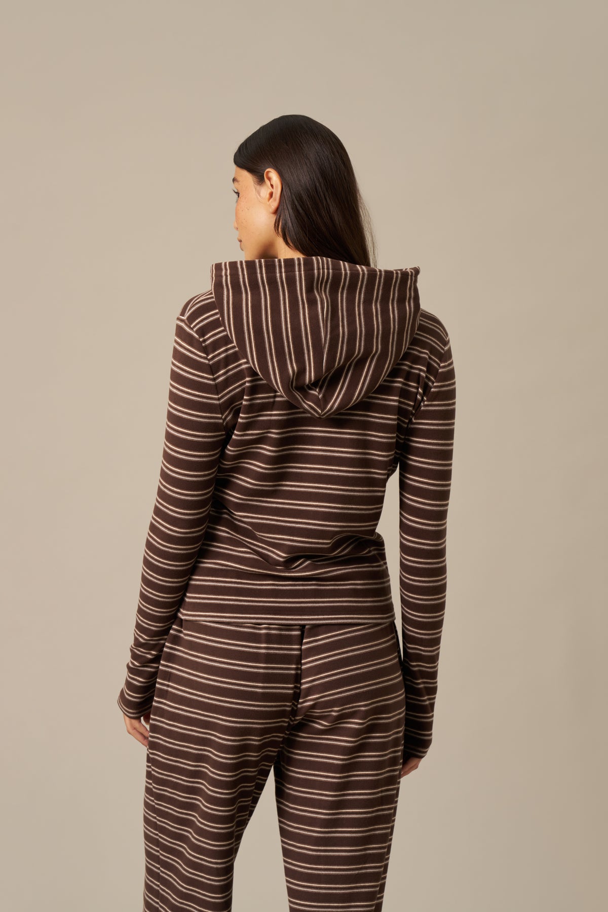 Fleece Stripe Zip Through Hoodie - Espresso