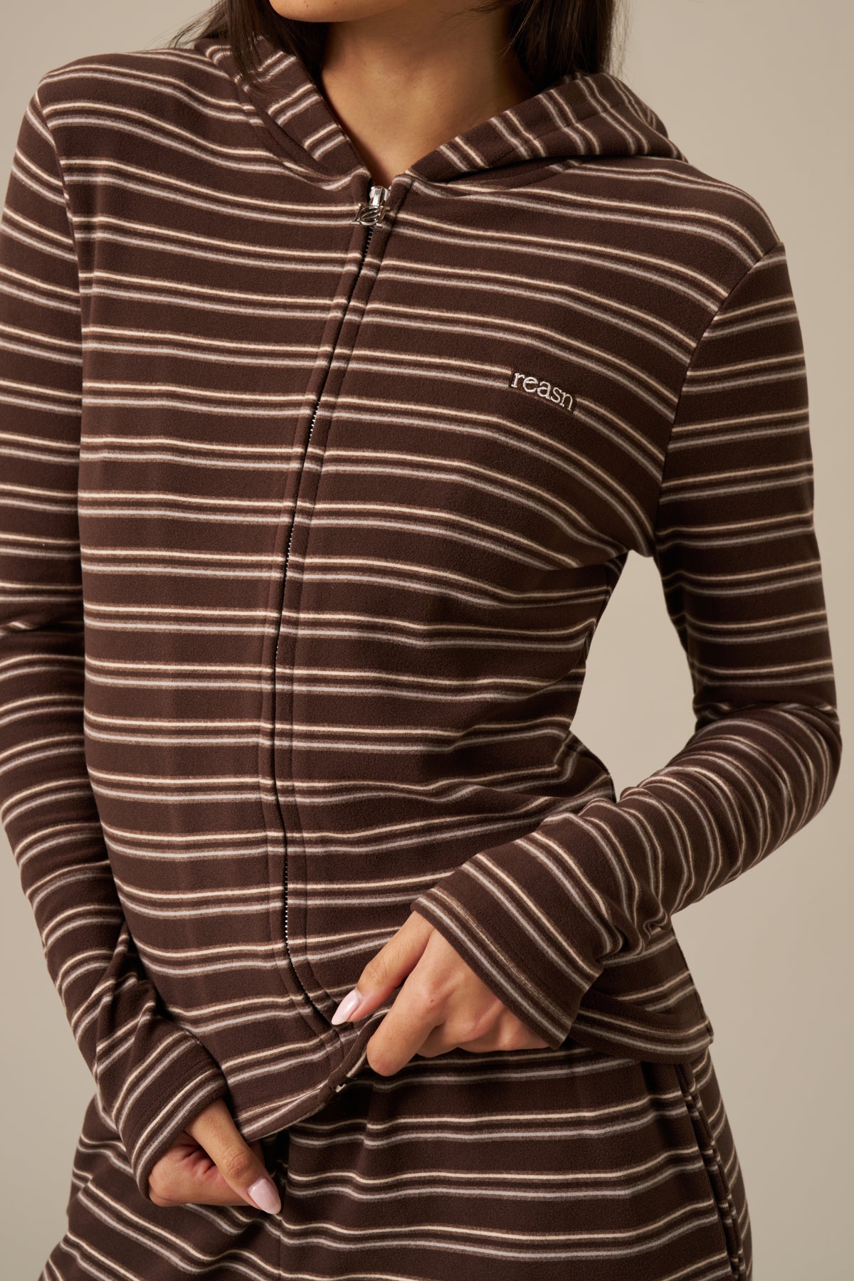 Fleece Stripe Zip Through Hoodie - Espresso