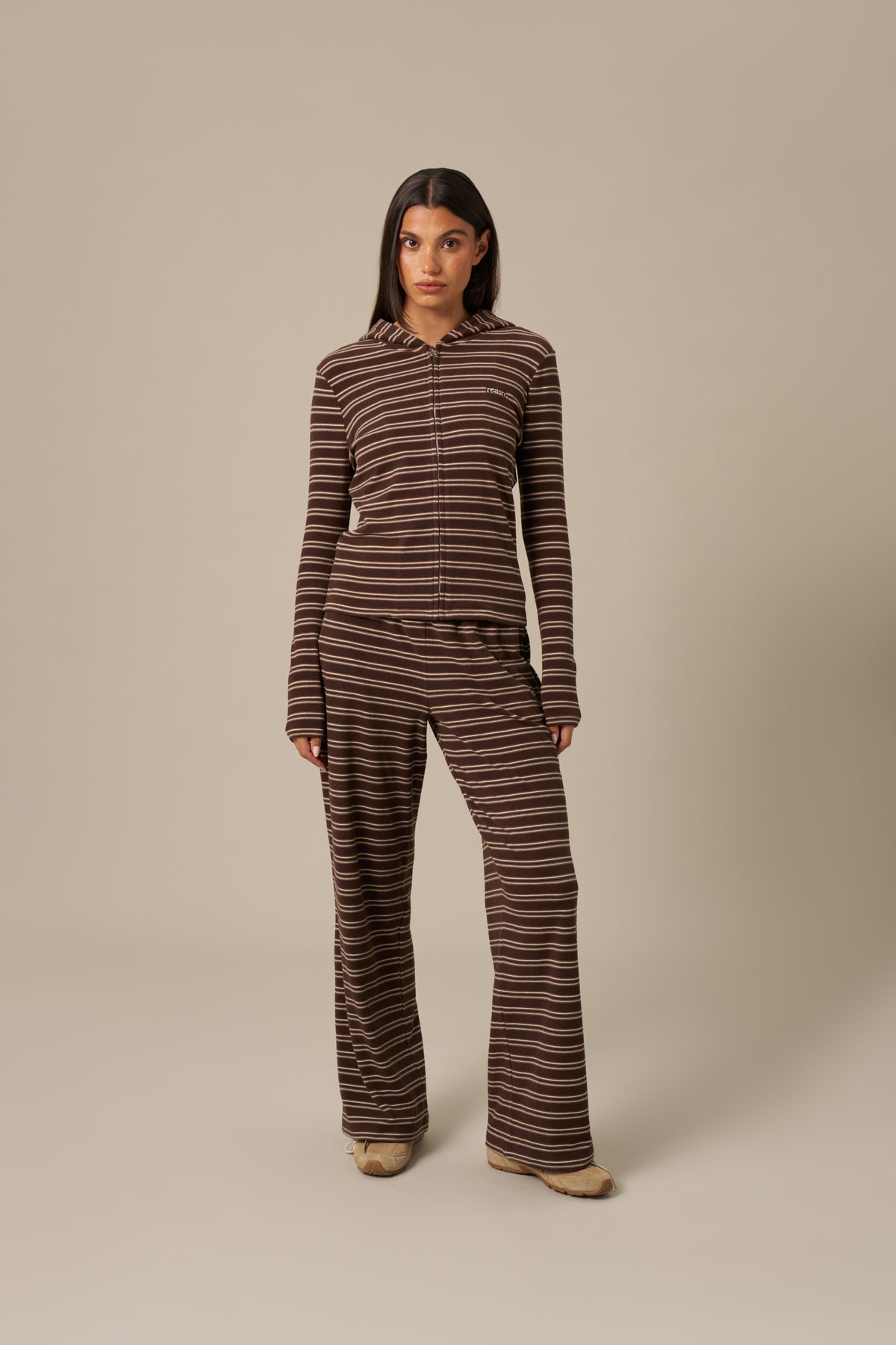 Fleece Stripe Zip Through Hoodie - Espresso
