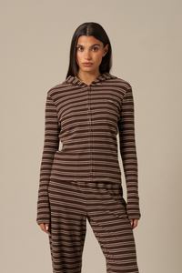 Fleece Stripe Zip Through Hoodie - Espresso