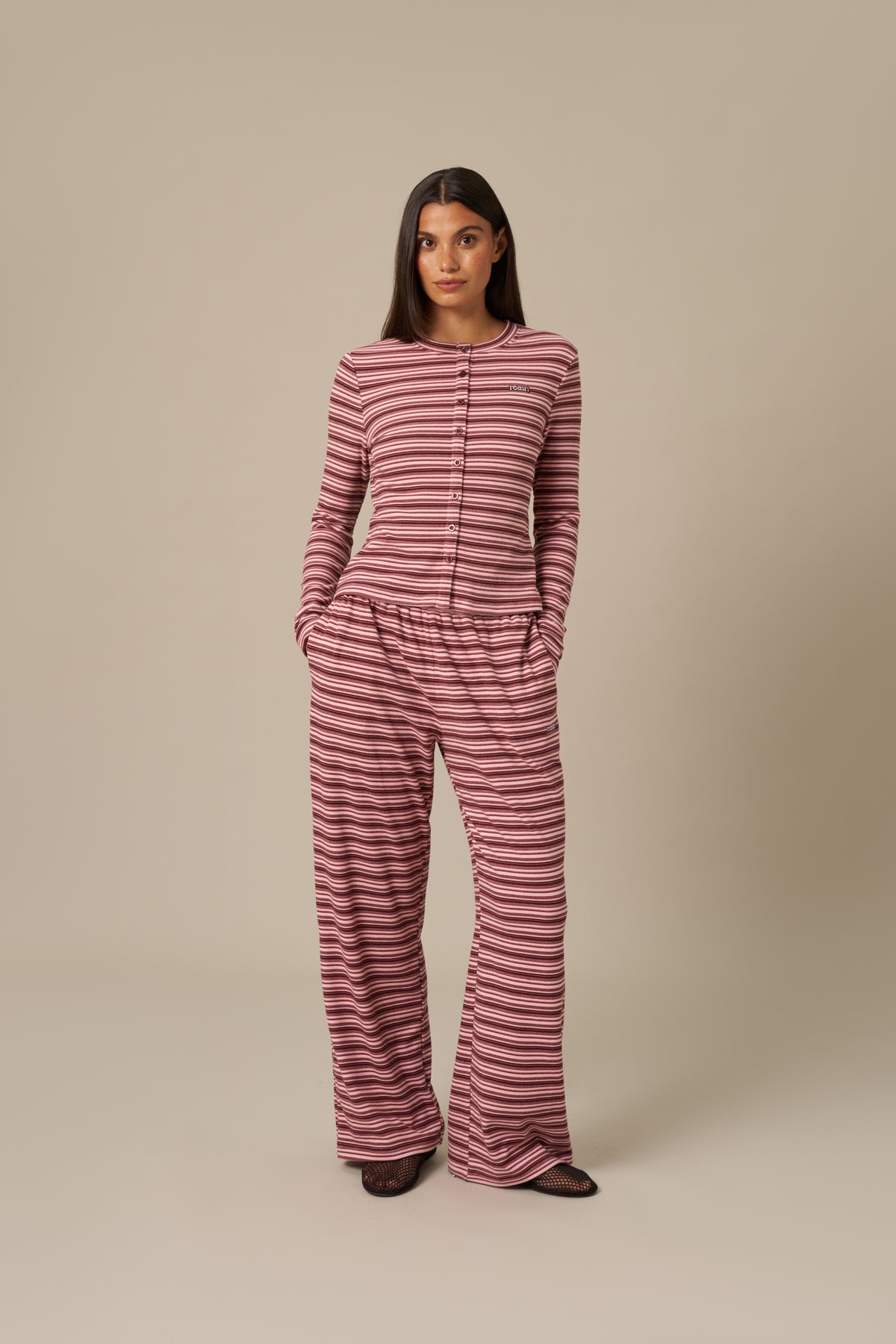 Fleece Stripe Button Front Long Sleeve Top - Berry Pink