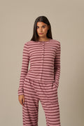 Fleece Stripe Button Front Long Sleeve Top - Berry Pink
