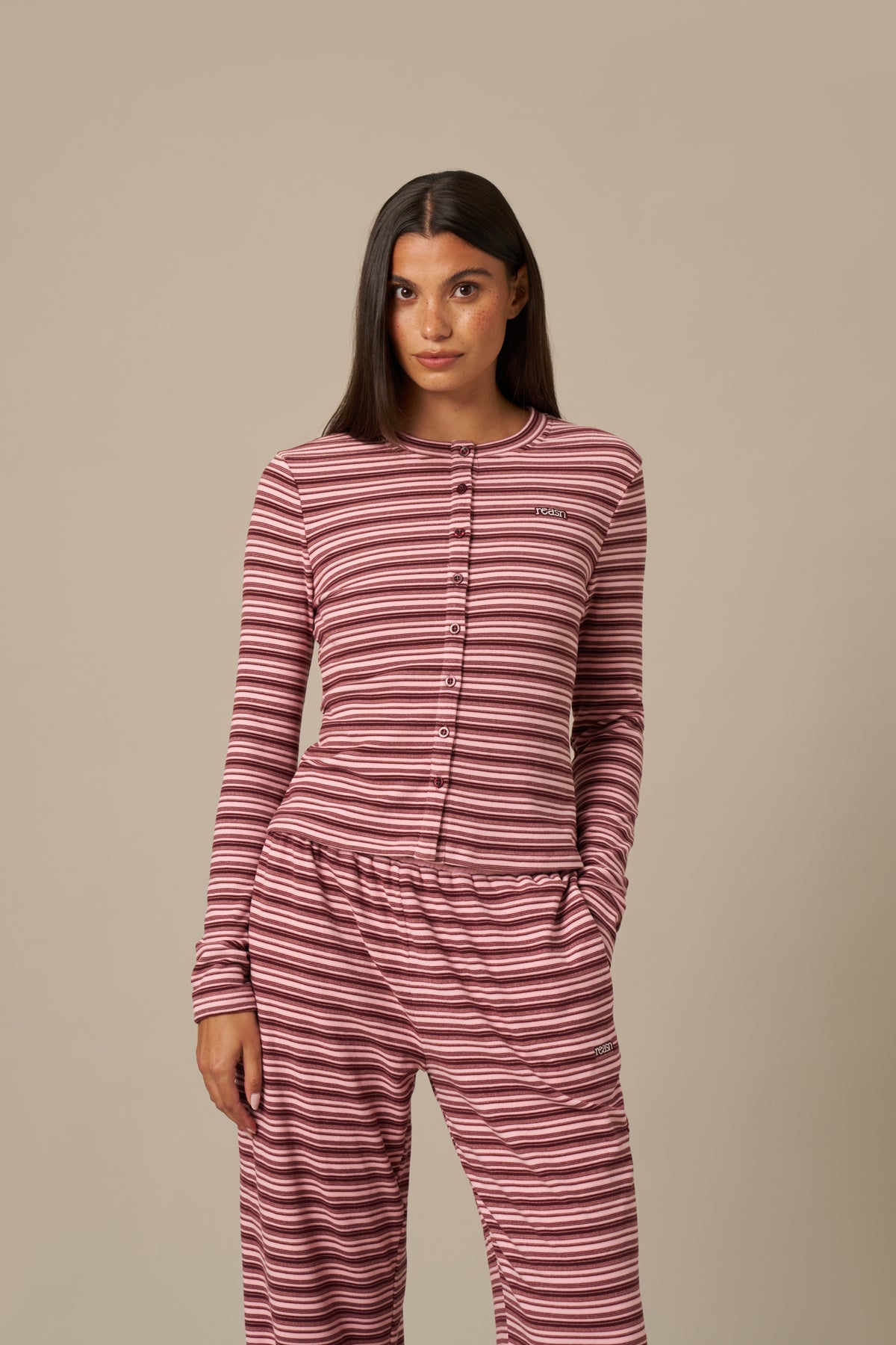 Fleece Stripe Button Front Long Sleeve Top - Berry Pink