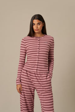 Fleece Stripe Button Front Long Sleeve Top - Berry Pink