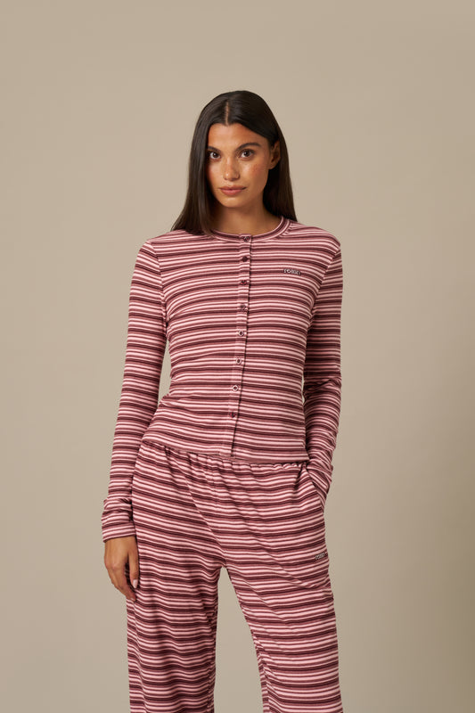 Fleece Stripe Button Front Long Sleeve Top - Berry Pink