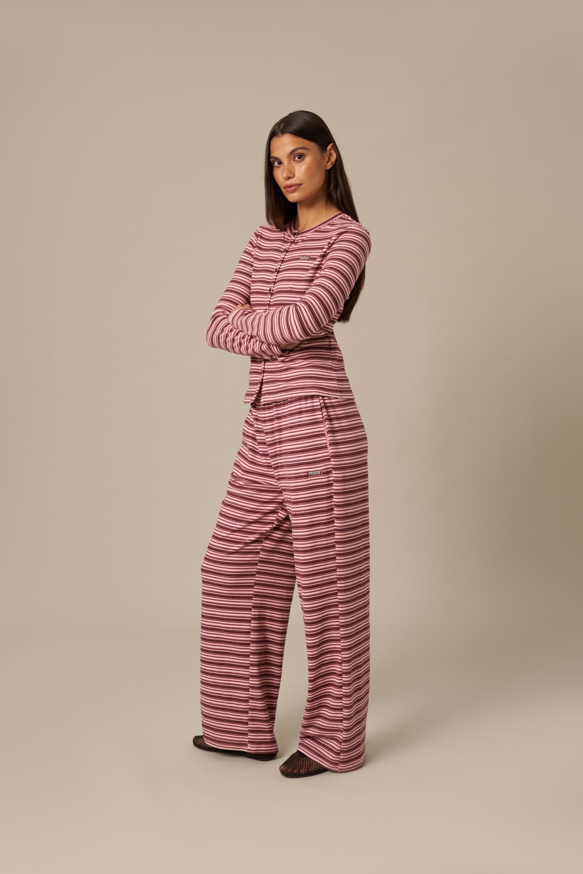 Fleece Stripe Button Front Long Sleeve Top - Berry Pink