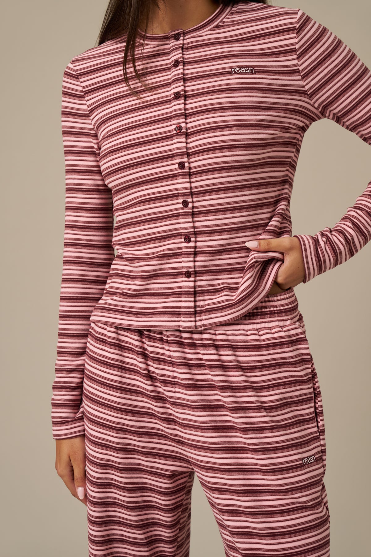 Fleece Stripe Button Front Long Sleeve Top - Berry Pink