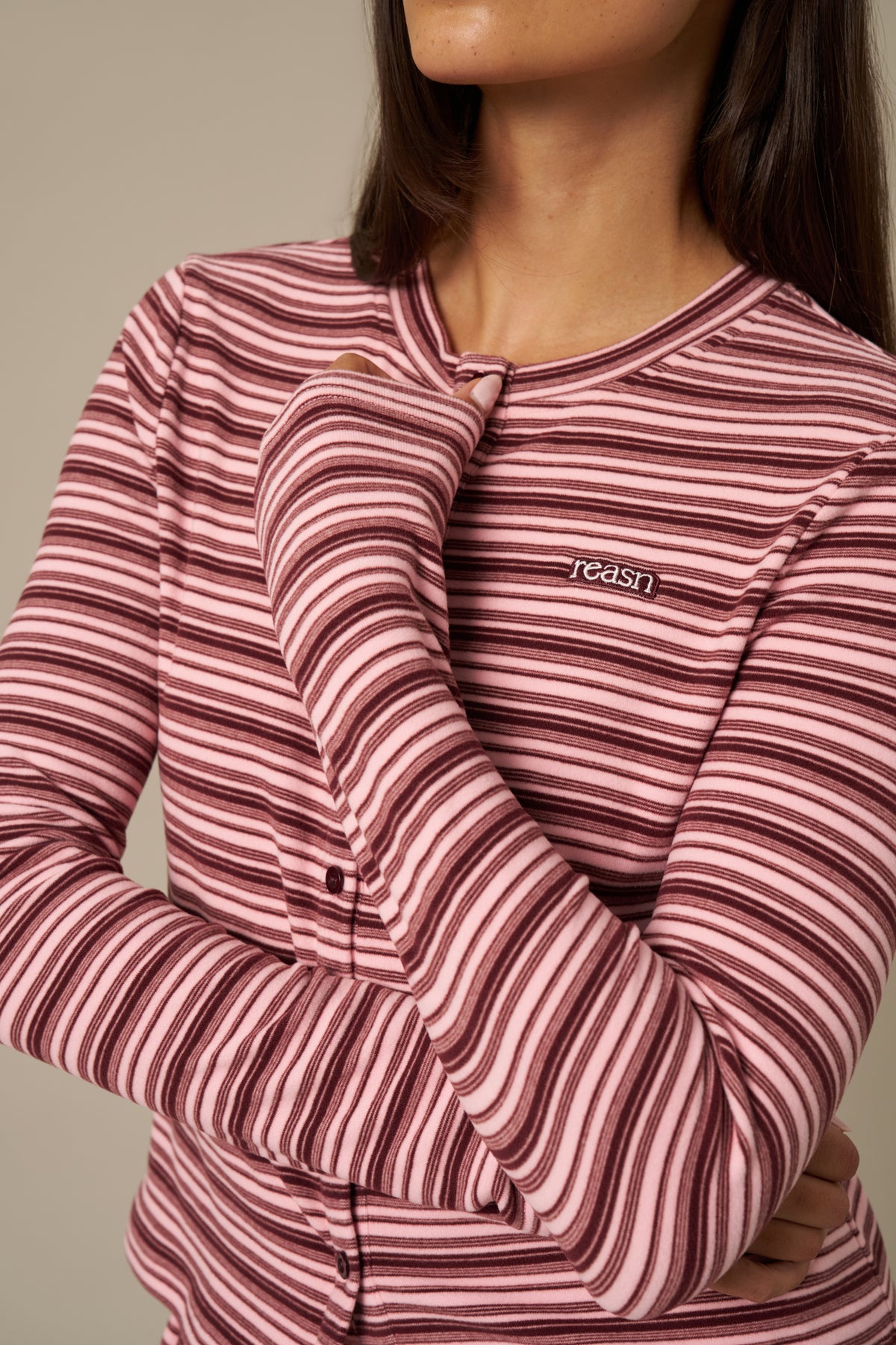 Fleece Stripe Button Front Long Sleeve Top - Berry Pink