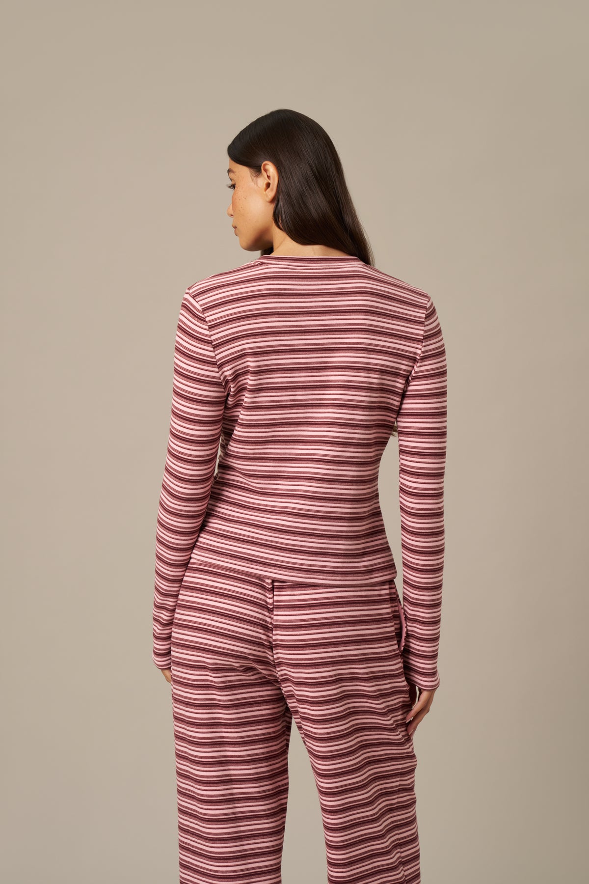 Fleece Stripe Button Front Long Sleeve Top - Berry Pink