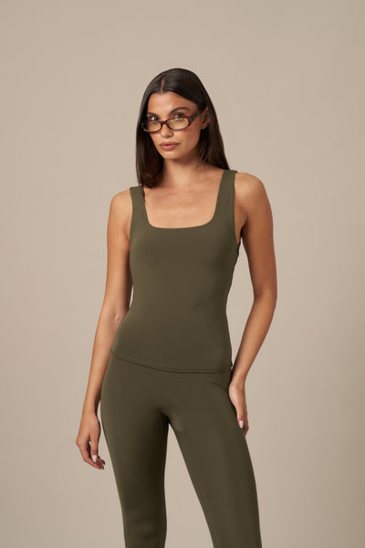 Super Soft Built In Bra Vest Top - Dark Olive