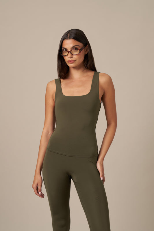 Super Soft Built In Bra Vest Top - Dark Olive