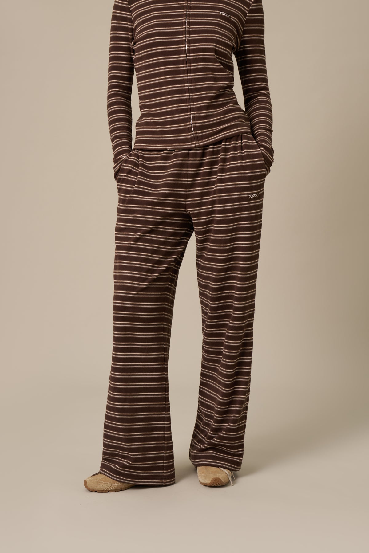 Fleece Stripe High Waist Wide Leg Trousers - Espresso