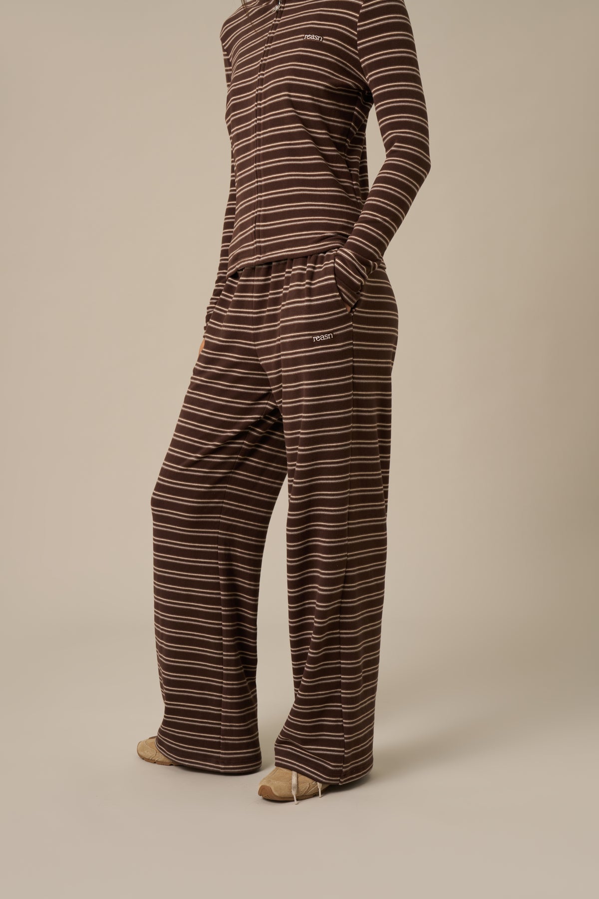 Fleece Stripe High Waist Wide Leg Trousers - Espresso