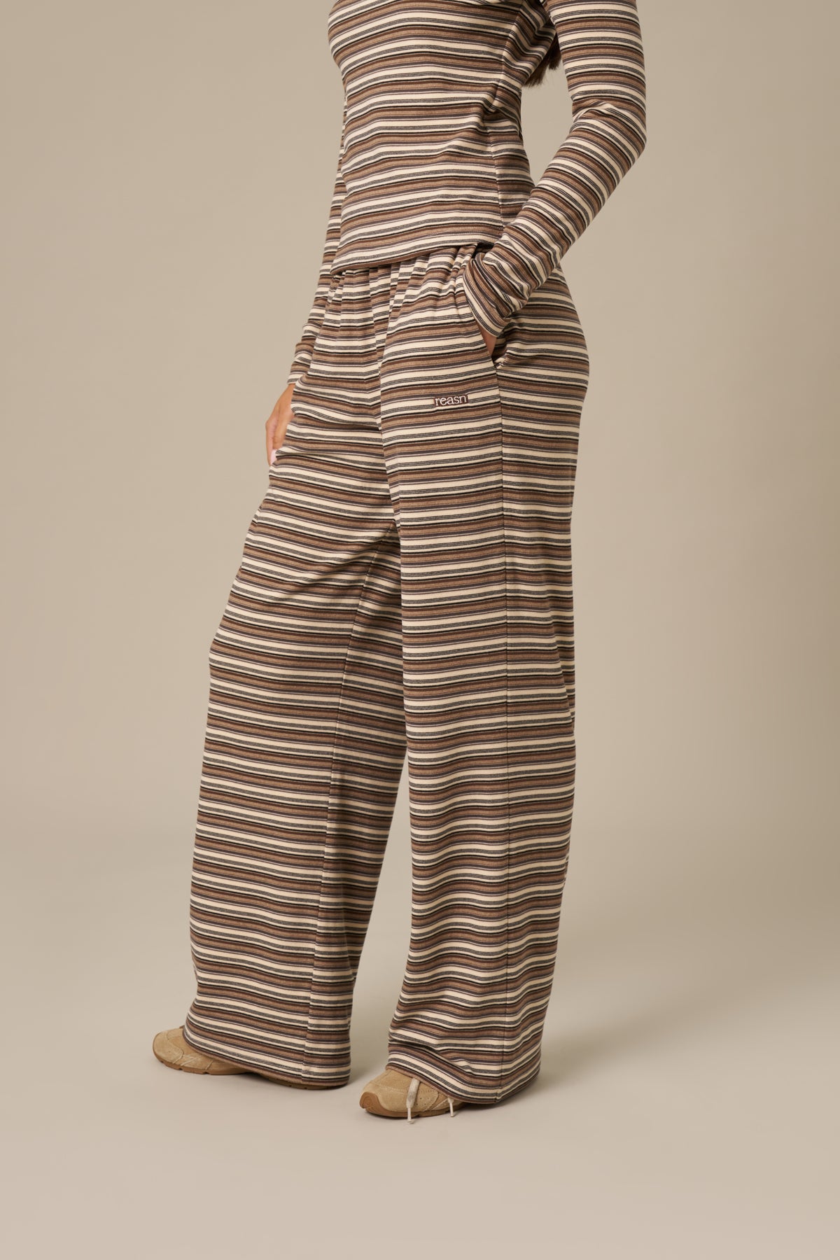 Fleece Stripe High Waist Wide Leg Trousers - Latte