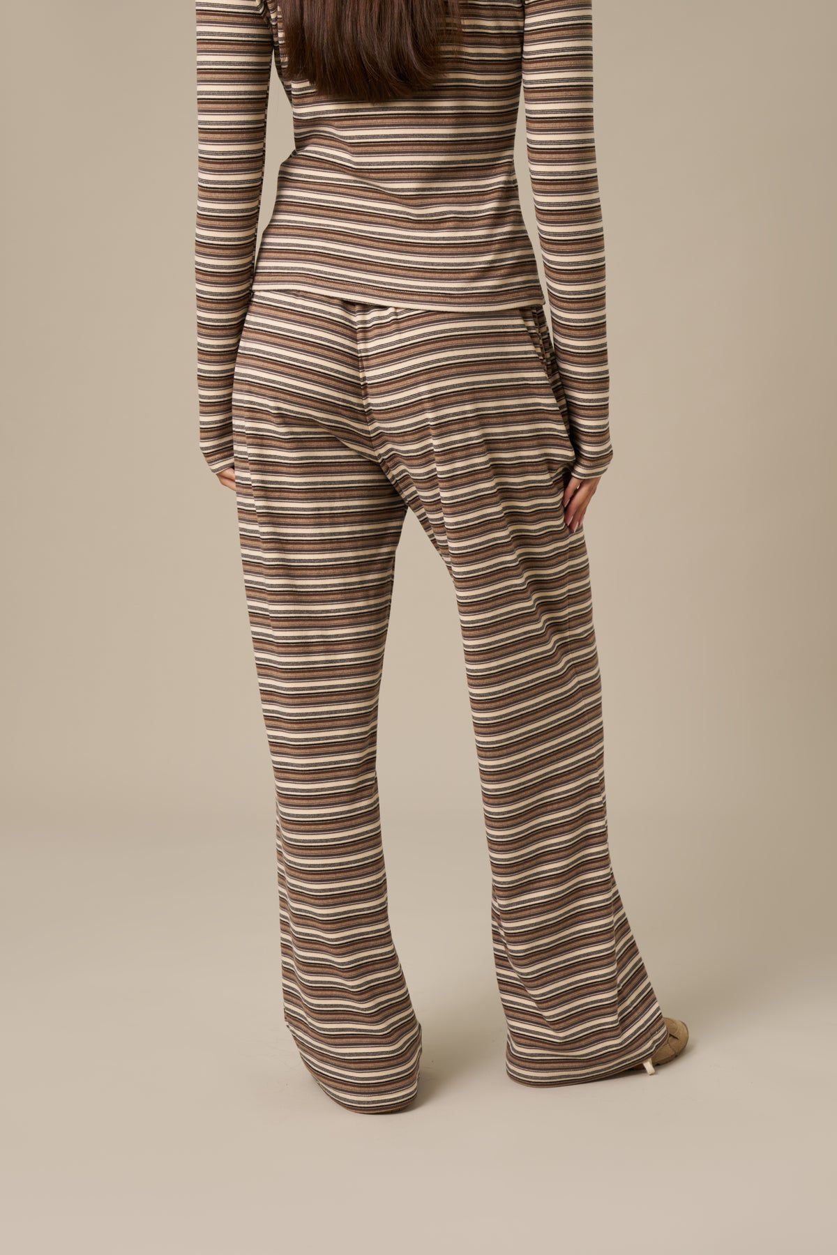 Fleece Stripe High Waist Wide Leg Trousers - Latte
