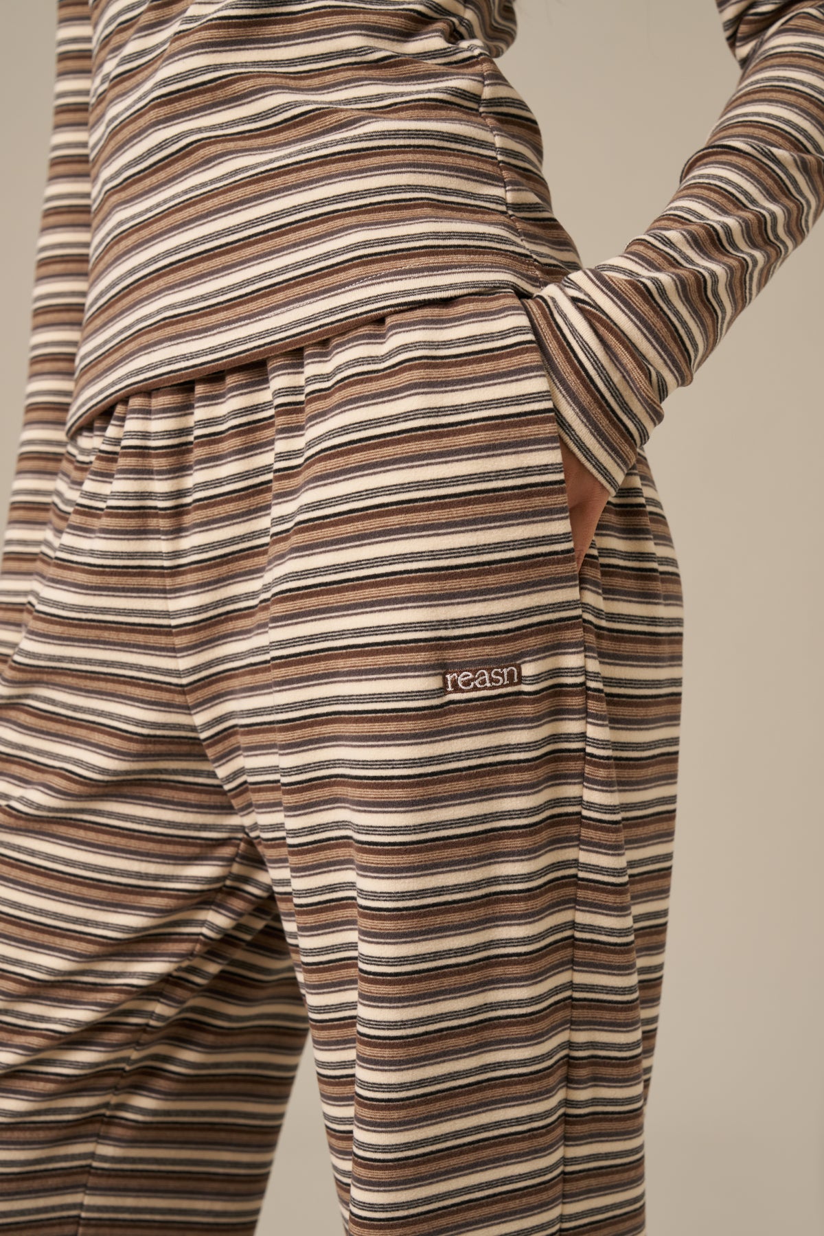 Fleece Stripe High Waist Wide Leg Trousers - Latte