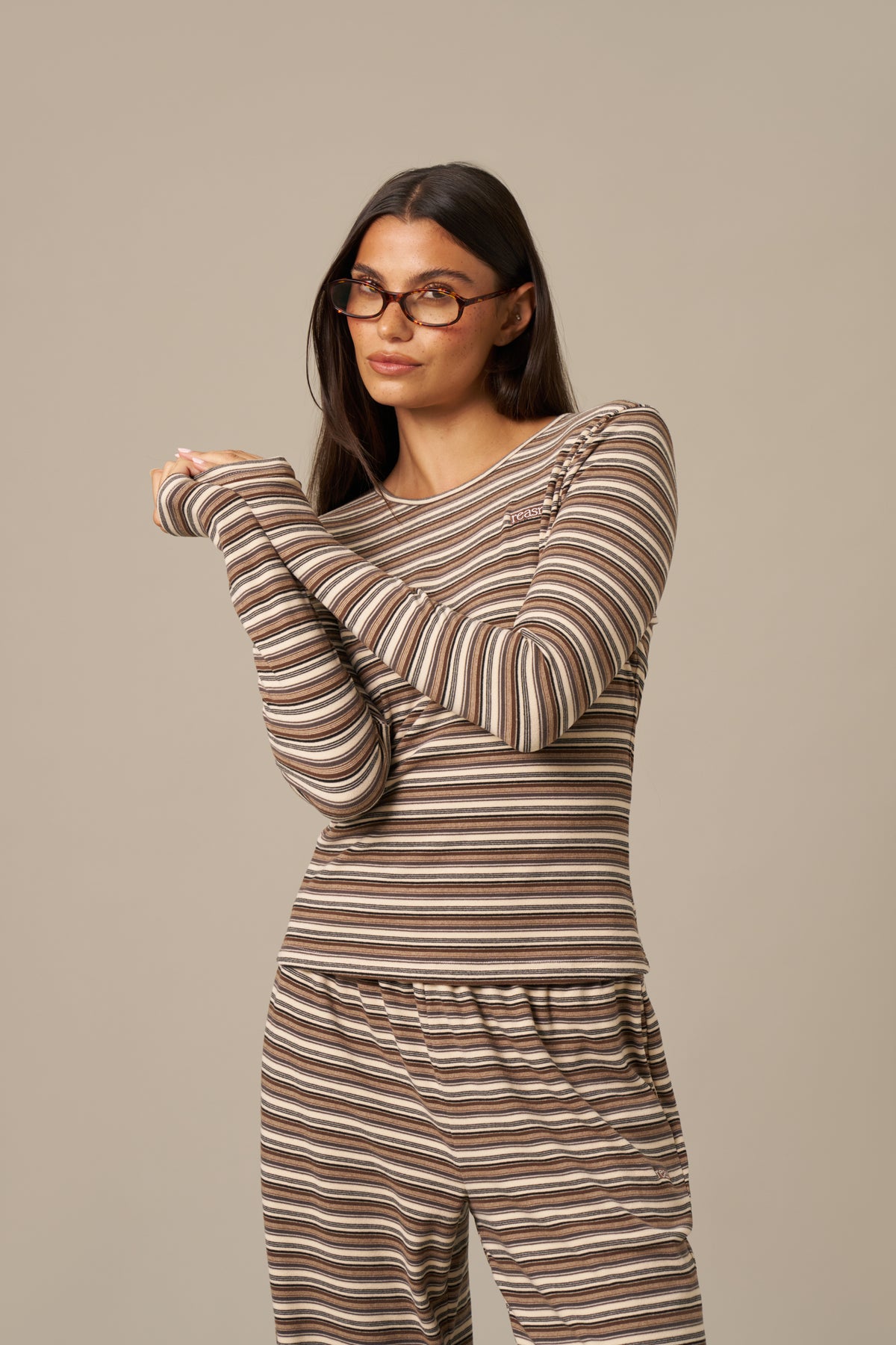 Fleece Stripe Long Sleeve T Shirt - Latte