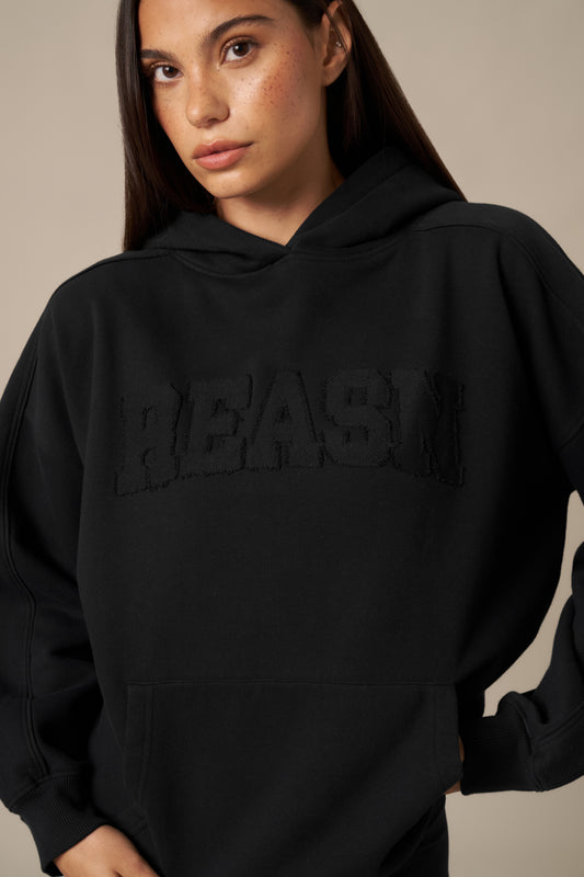 Oversized Distressed Applique Hoodie - Core Black