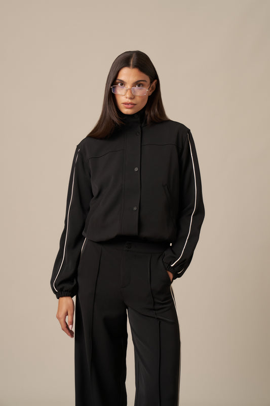 Contrast Piping Funnel Neck Jacket - Core Black