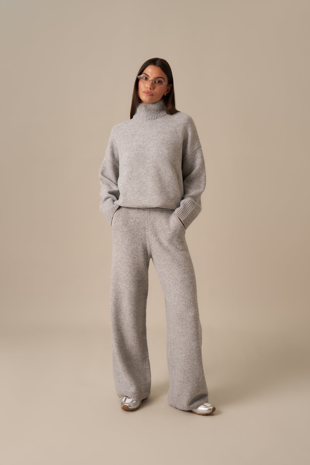 Funnel Neck Knitted 2 In 1 Co Ord - Grey Marl