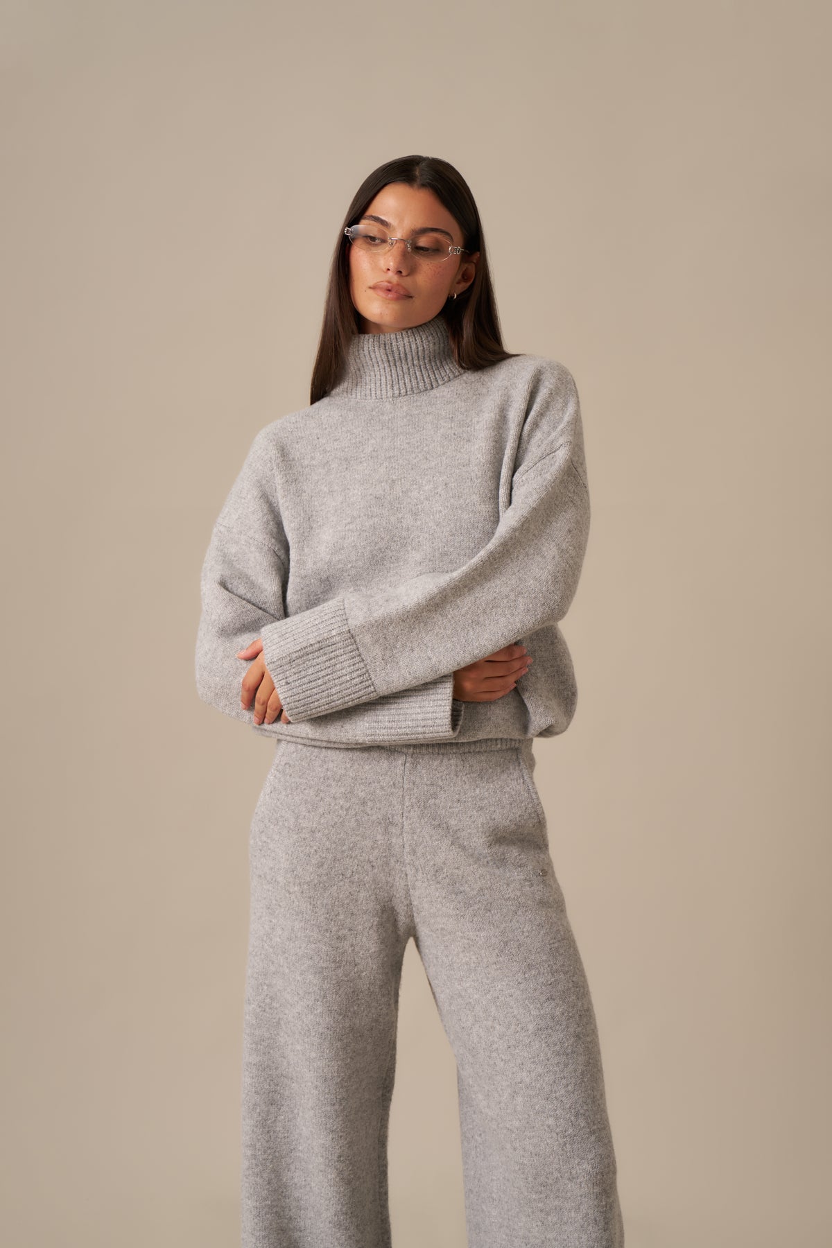 Funnel Neck Knitted 2 In 1 Co Ord - Grey Marl