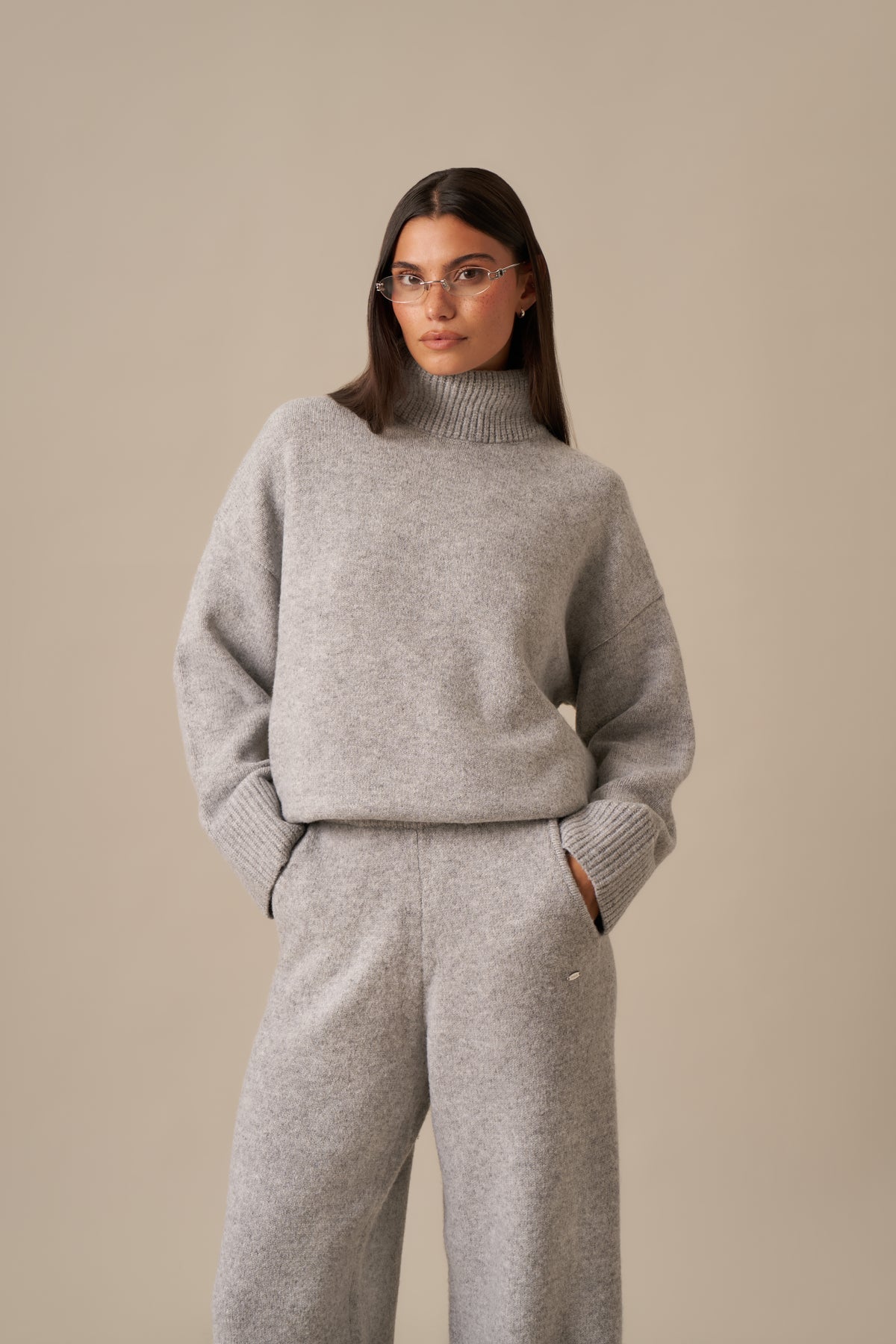 Funnel Neck Knitted 2 In 1 Co Ord - Grey Marl