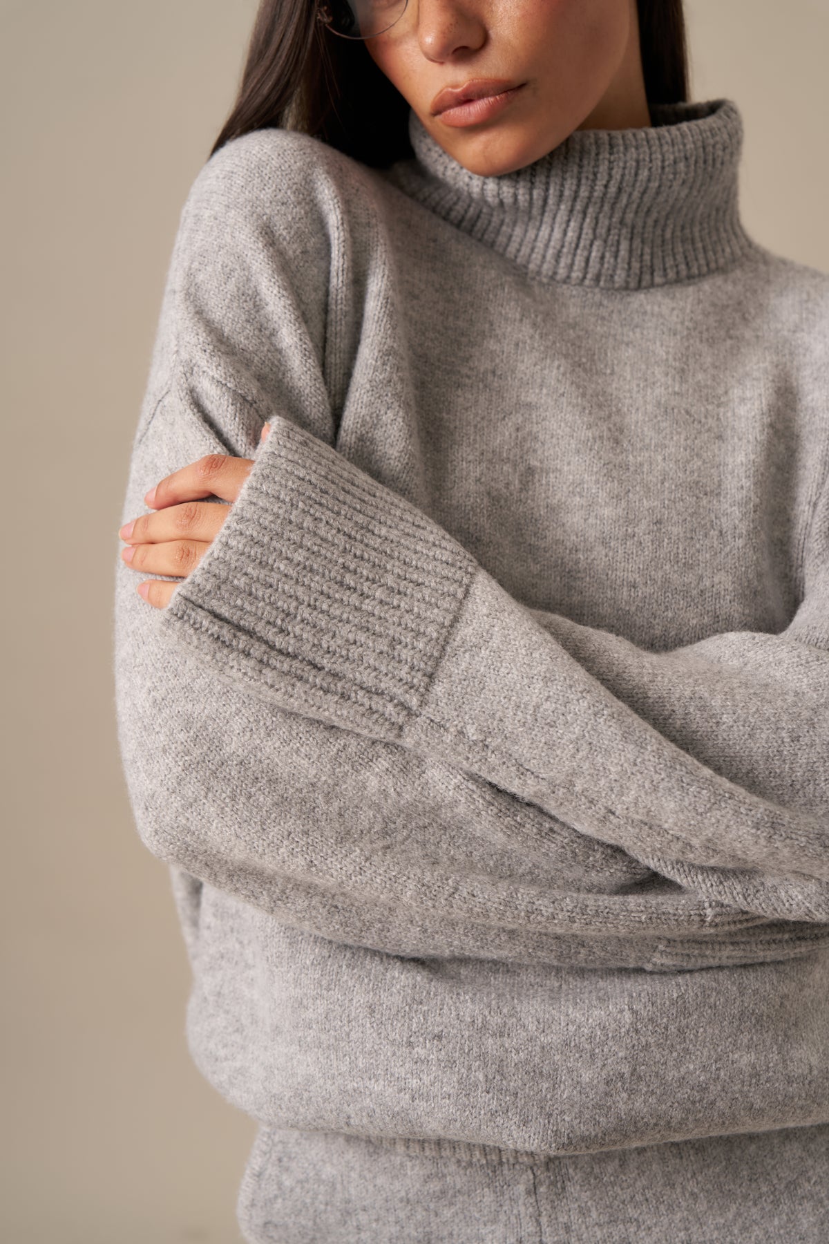 Funnel Neck Knitted 2 In 1 Co Ord - Grey Marl