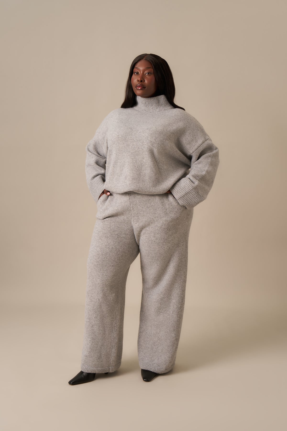 Funnel Neck Knitted 2 In 1 Co Ord - Grey Marl