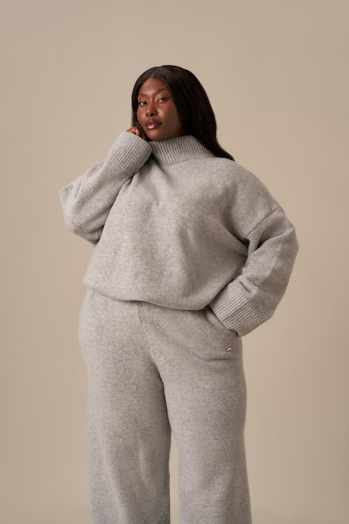 Funnel Neck Knitted 2 In 1 Co Ord - Grey Marl