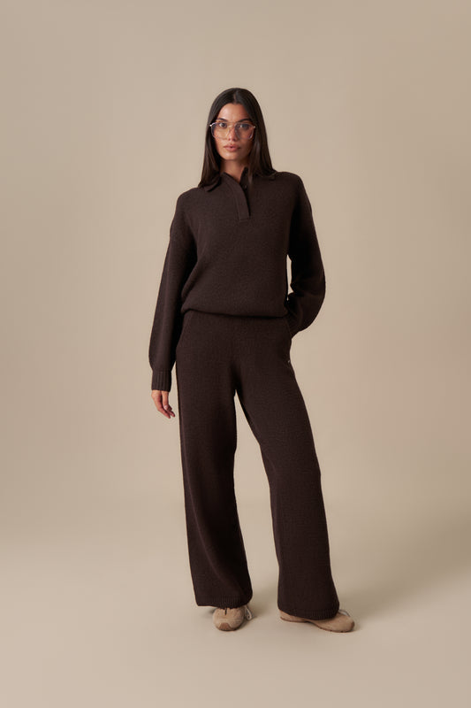 Rugby Collar Knitted 2 In 1 Co Ord - Espresso