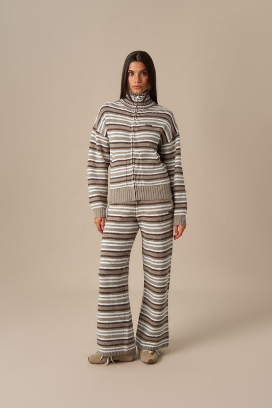 Stripe Knitted Wide Leg Trousers - Olive Stone