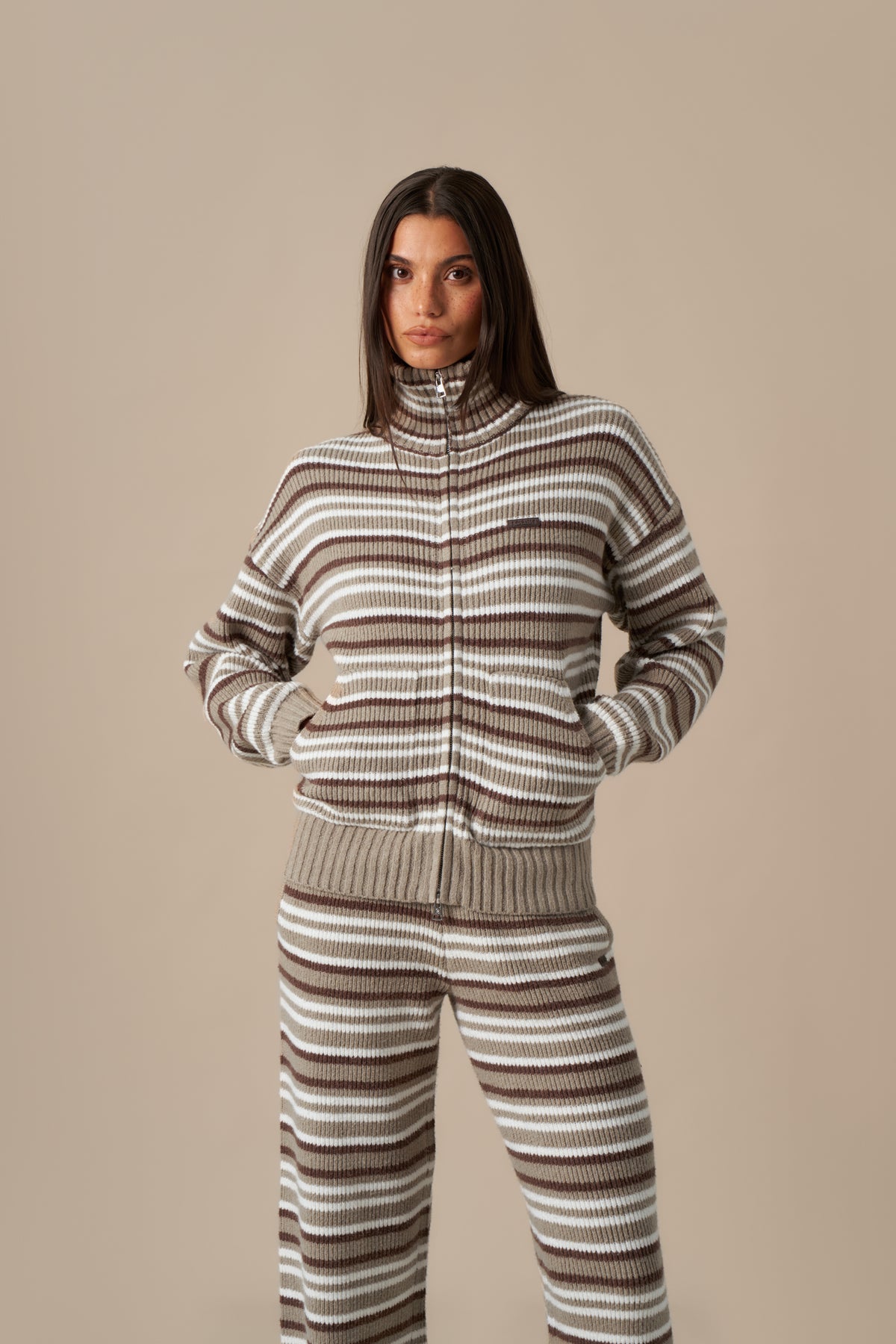Stripe Knitted Funnel Neck Jacket - Olive Stone