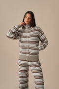 Stripe Knitted Funnel Neck Jacket - Olive Stone