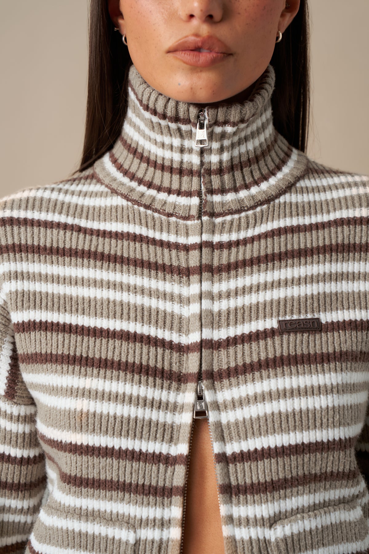 Stripe Knitted Funnel Neck Jacket - Olive Stone