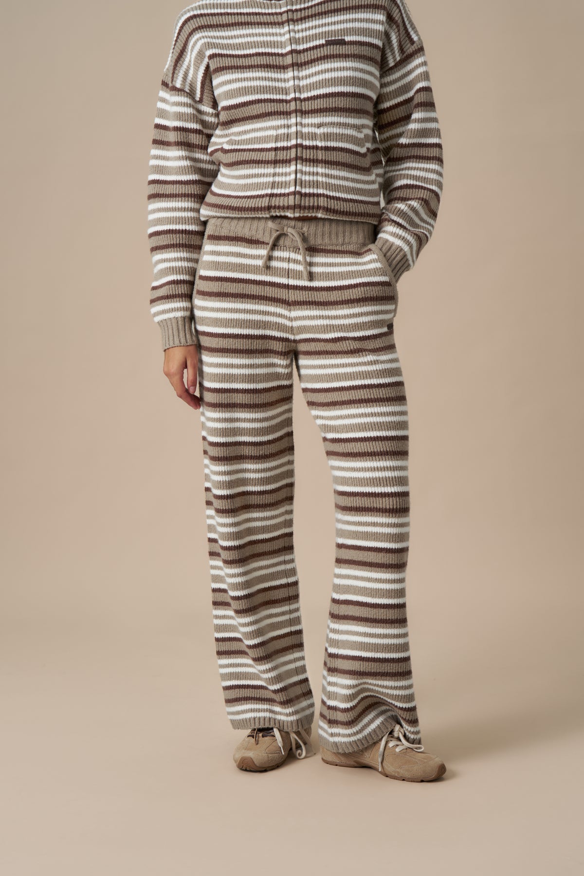 Stripe Knitted Wide Leg Trousers - Olive Stone