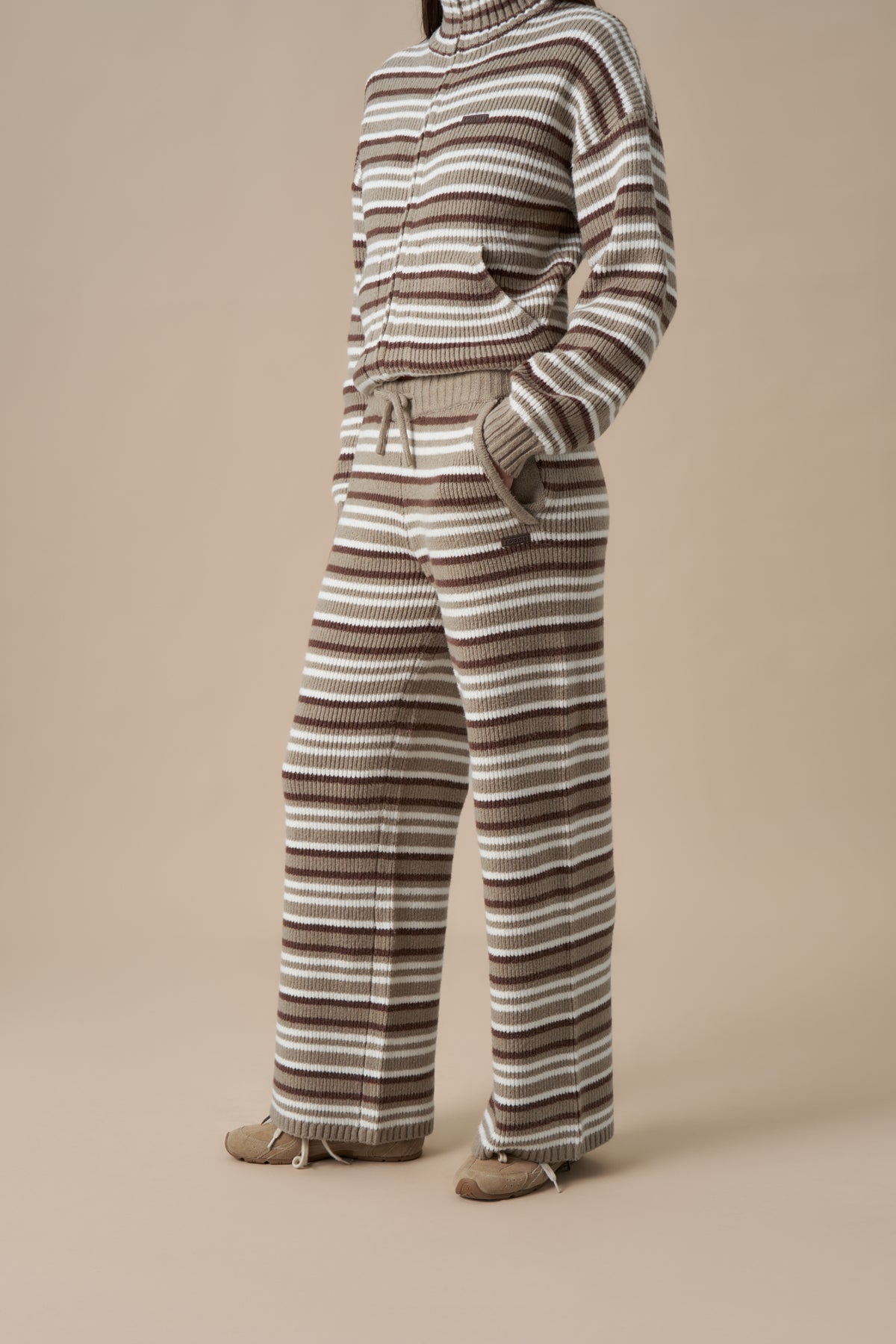Stripe Knitted Wide Leg Trousers - Olive Stone