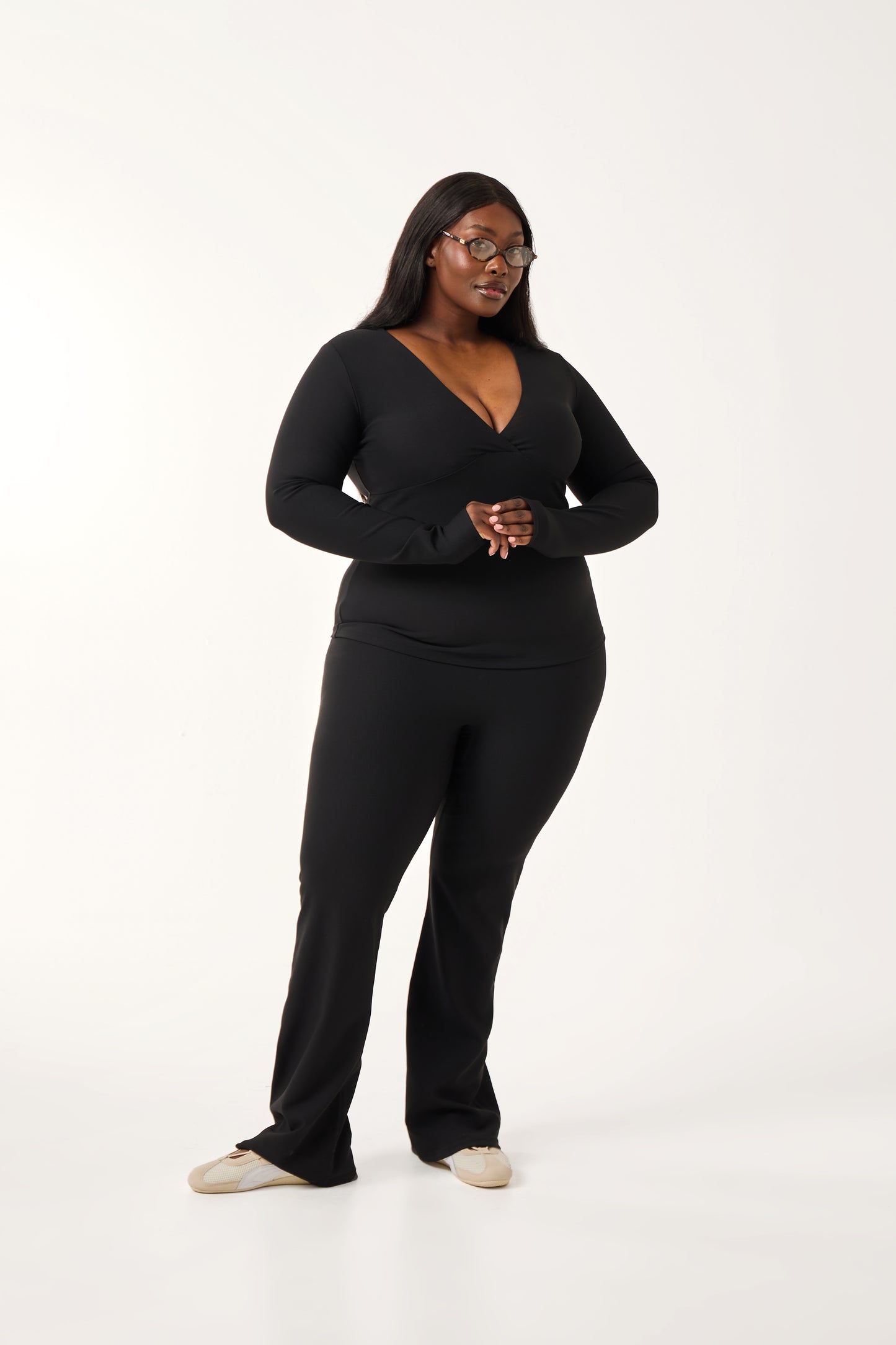 The Sculpt Wrap Front Long Sleeve Top - Core Black