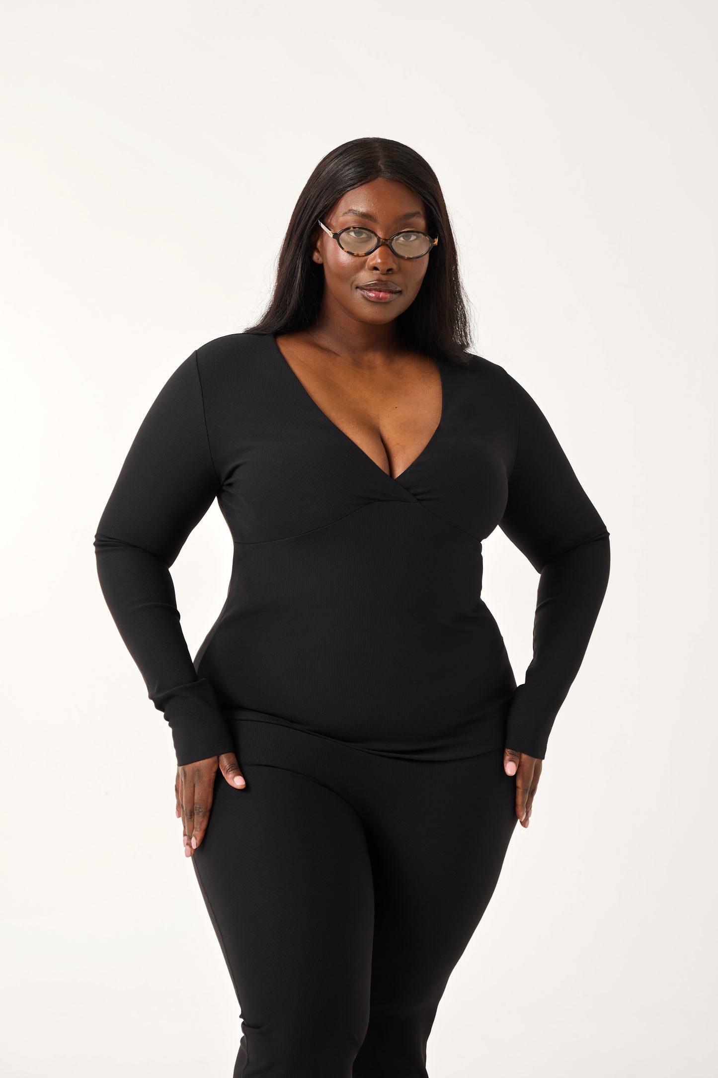 The Sculpt Wrap Front Long Sleeve Top - Core Black